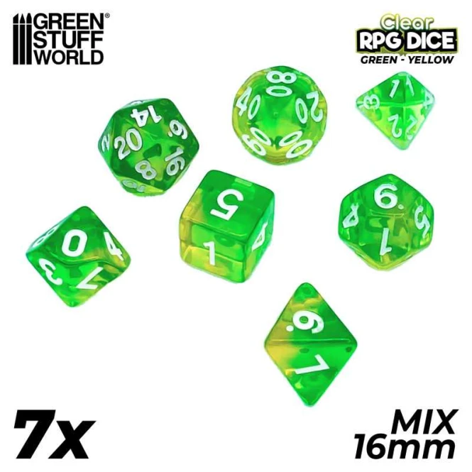 7x Mix 16mm Dice - Clear Green/Yellow