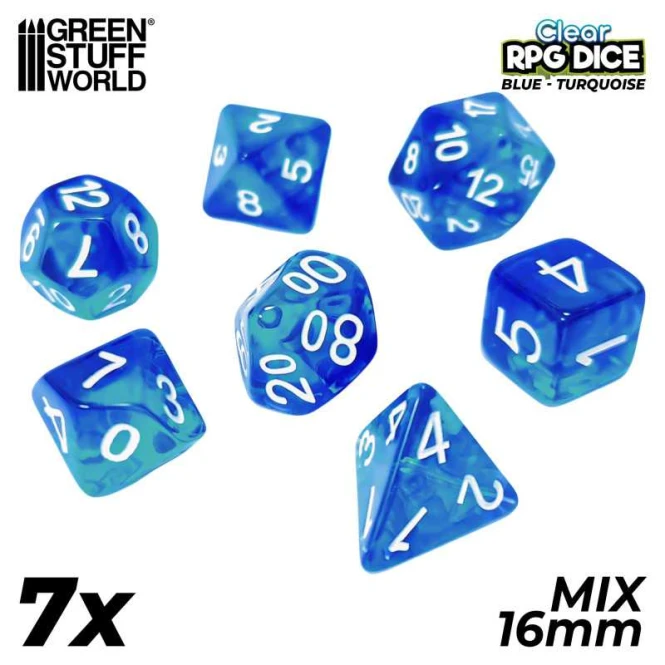 7x Mix 16mm Dice - Clear Blue/Turquoise