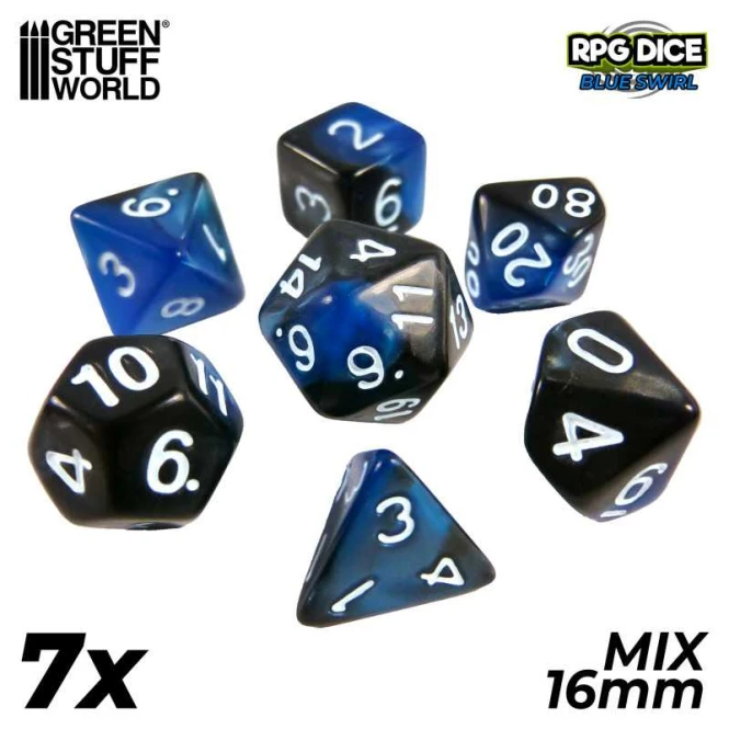 7x Mix 16mm Dice - Blue Swirl