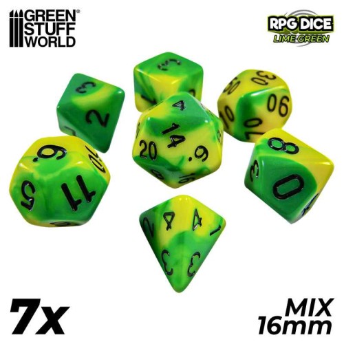 7x Mix 16mm Dice - Lime Green