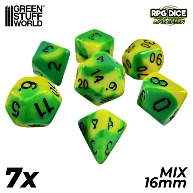 7x Mix 16mm Dice - Lime Green