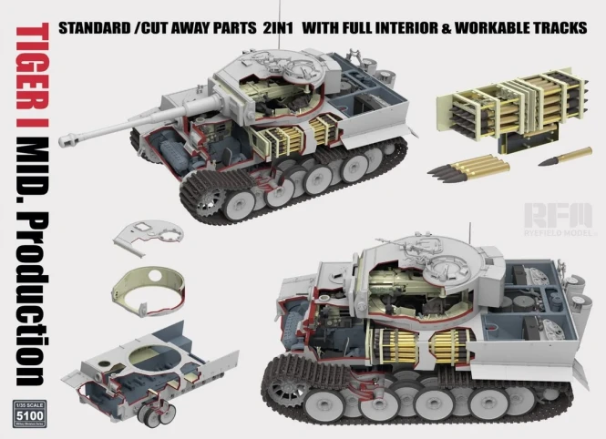 RFM-5100 1/35 Tiger I Mid Production 2 in 1 w/Cutaway Parts & Full Interior